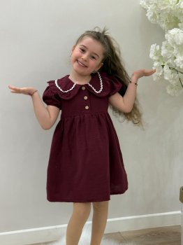 Müslin Bordo Fisto Yakalı Elbise 