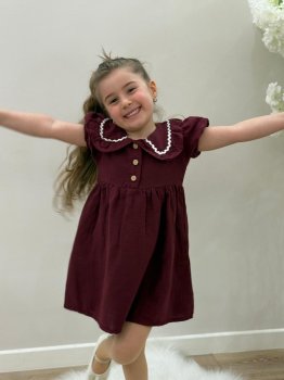 Müslin Bordo Fisto Yakalı Elbise 