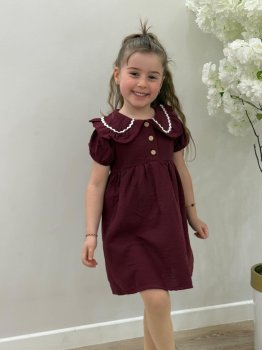 Müslin Bordo Fisto Yakalı Elbise 