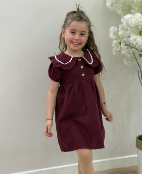 Müslin Bordo Fisto Yakalı Elbise