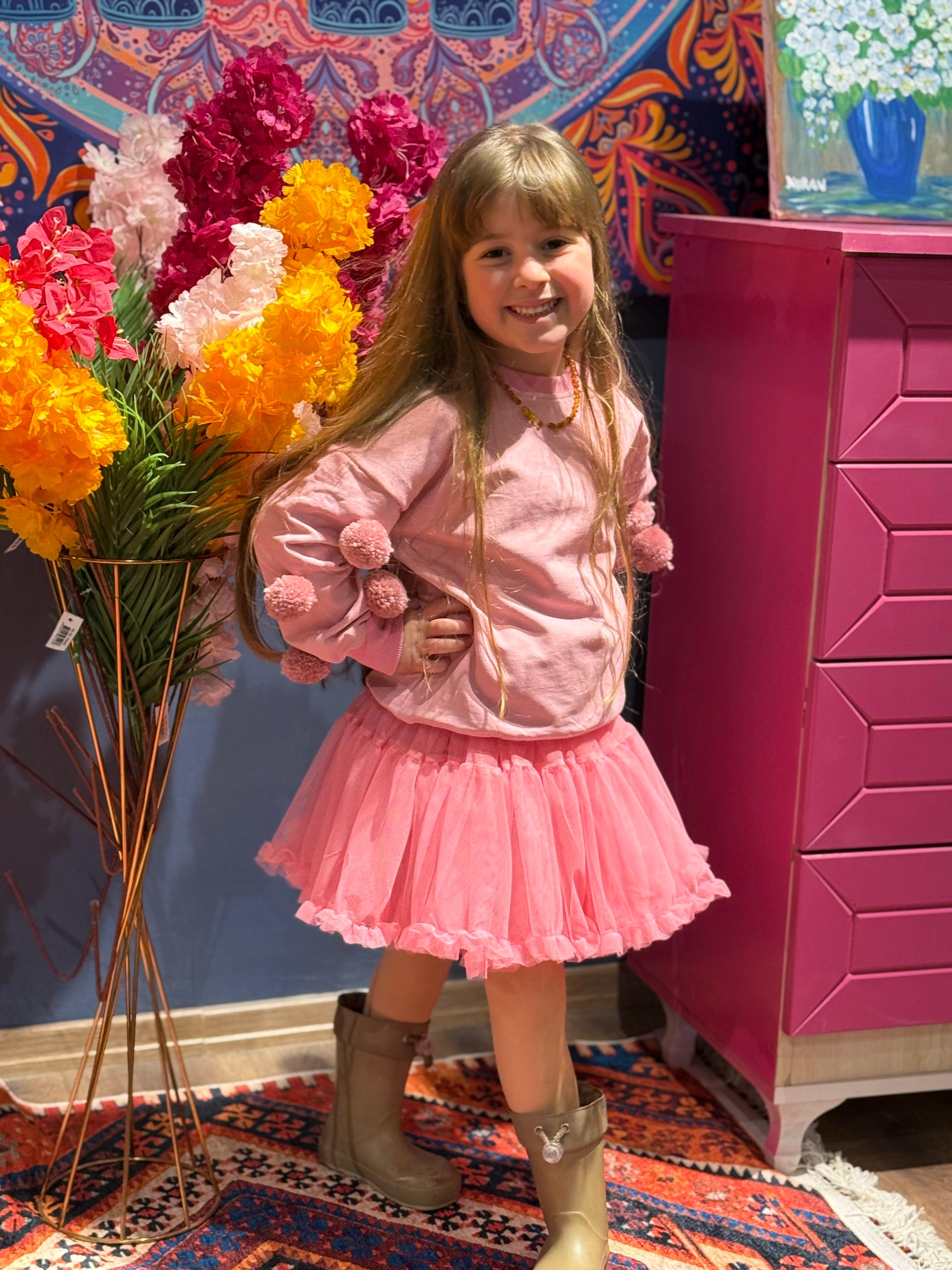 Pembe Ponponlu Tüllü İkili Takım 