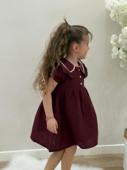 Müslin Bordo Fisto Yakalı Elbise 