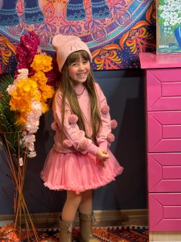 Pembe Ponponlu Tüllü İkili Takım