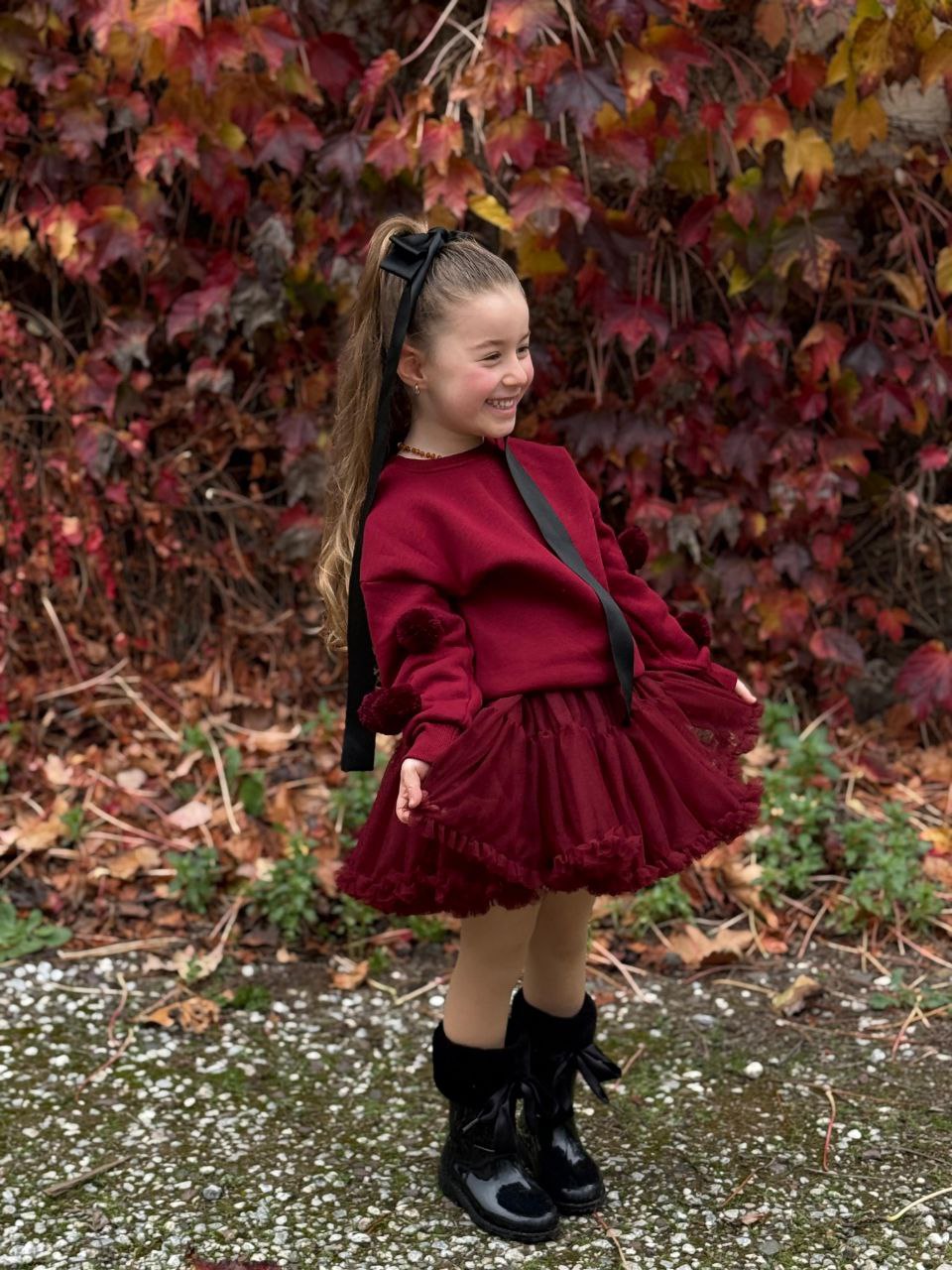 Bordo Ponponlu Tüllü İkili Takım