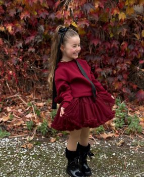 Bordo Ponponlu Tüllü İkili Takım