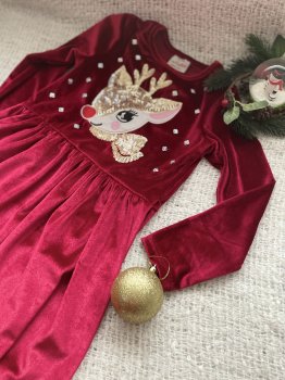 Kırmızı Geyik Baskılı Elbise