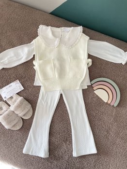 Dokuma Yaka Detaylı Gömlek, Triko Kazak ve İspanyol Paça Fitilli Taytlı 3'lü Takım 