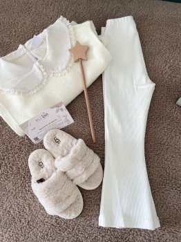 Dokuma Yaka Detaylı Gömlek, Triko Kazak ve İspanyol Paça Fitilli Taytlı 3'lü Takım 