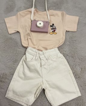 Krem Mickey İşlemeli Takım