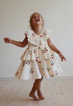 Krem Kiraz Desenli Elbise