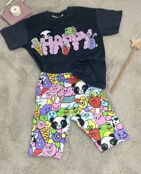 Füme Renkli Happy Baskılı Şortlu Takım